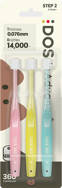 DOS 유아용 360도 칫솔 2단계, 라이트핑크 + 레몬 + 아쿠아블루, 3개입, 1세트