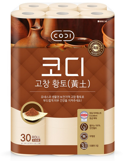 코디 천연펄프 3겹 고창 황토 롤화장지, 30m, 30개입, 1개