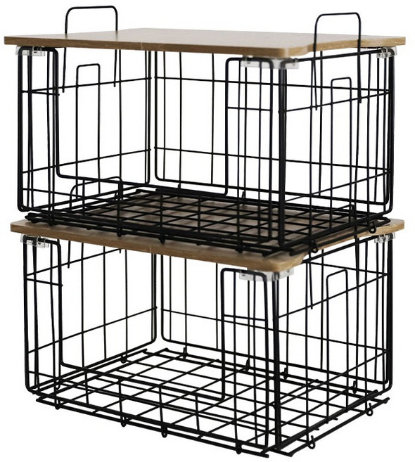 아이리스 우드탑 와이어 바스켓 WBS-SQ, 내츄럴 블랙, 2개