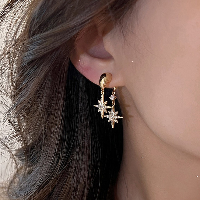 젤루나 여성용 더블 플랫 트윙클 별 큐빅 볼륨 귀걸이 P-528