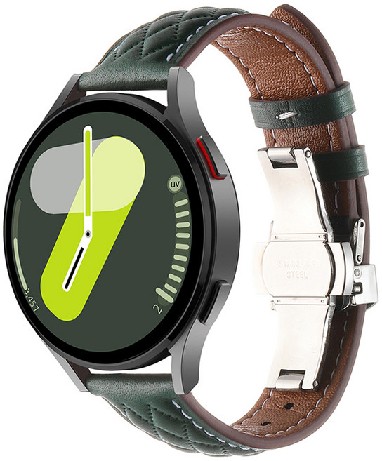 HAMATE Galaxy Watch 相容 菱格紋縫線 蝴蝶扣 皮革錶帶 20mm, 深綠色, 1個
