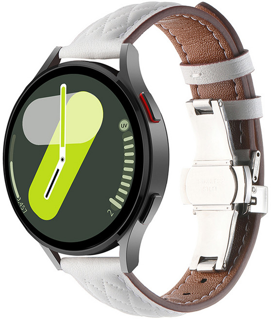 HAMATE Galaxy Watch 相容 菱格紋縫線 蝴蝶扣 皮革錶帶 20mm, 白色, 1個