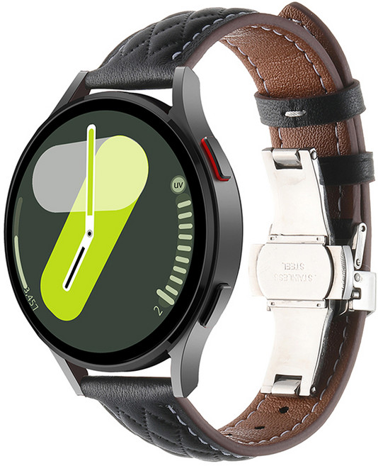 HAMATE Galaxy Watch 相容 菱格紋縫線 蝴蝶扣 皮革錶帶 20mm, 黑色, 1個