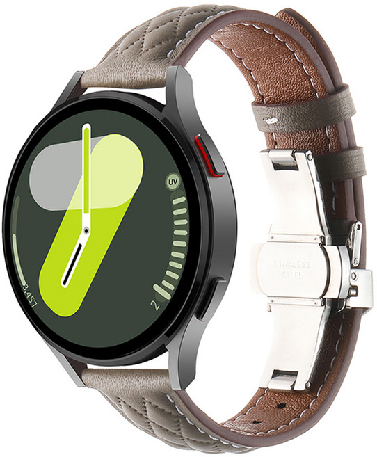 HAMATE Galaxy Watch 相容 菱格紋縫線 蝴蝶扣 皮革錶帶 20mm, 深米色, 1個
