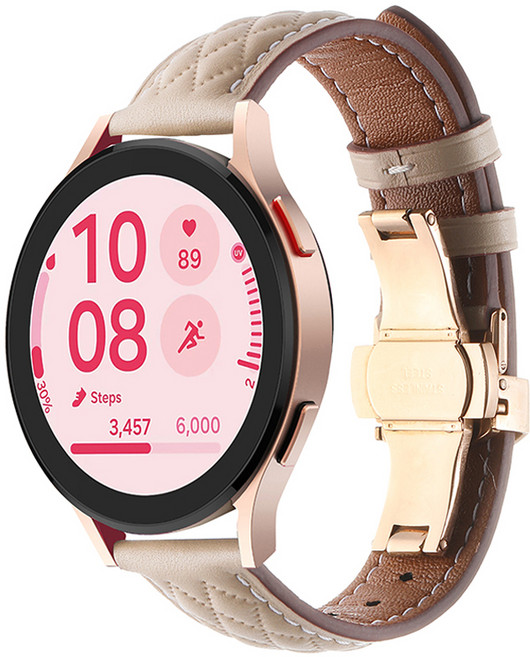 HAMATE Galaxy Watch 相容 菱格紋縫線 蝴蝶扣 皮革錶帶 20mm, 沙米色, 1個
