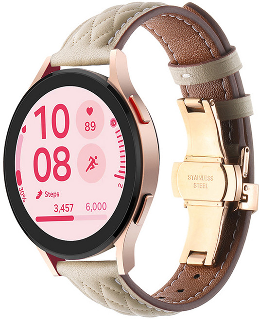 HAMATE Galaxy Watch 相容 菱格紋縫線 蝴蝶扣 皮革錶帶 20mm, 米色, 1個