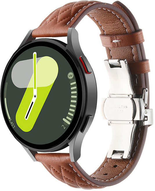 HAMATE Galaxy Watch 相容 菱格紋縫線 蝴蝶扣 皮革錶帶 20mm, 棕色, 1個