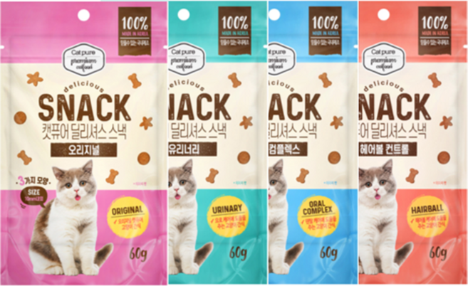 캣퓨어 고양이 딜리셔스 스낵 4종 세트, 오리지널 + 유리너리 + 오랄컴플렉스 + 헤어볼컨트롤, 240g, 1세트