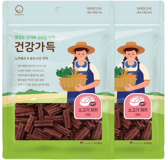 굿데이 강아지 건강가득 간식 져키, 소고기, 250g, 2개