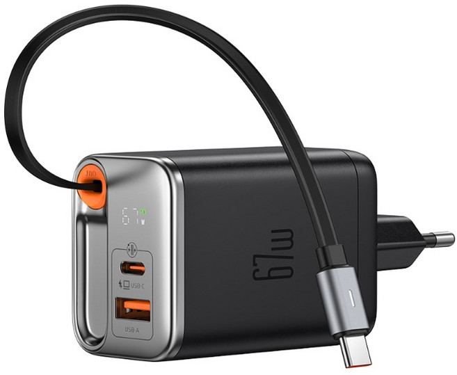 맥도도 GaN 67W C타입 케이블 일체형 초고속 2포트 멀티충전기, 블랙, 1개