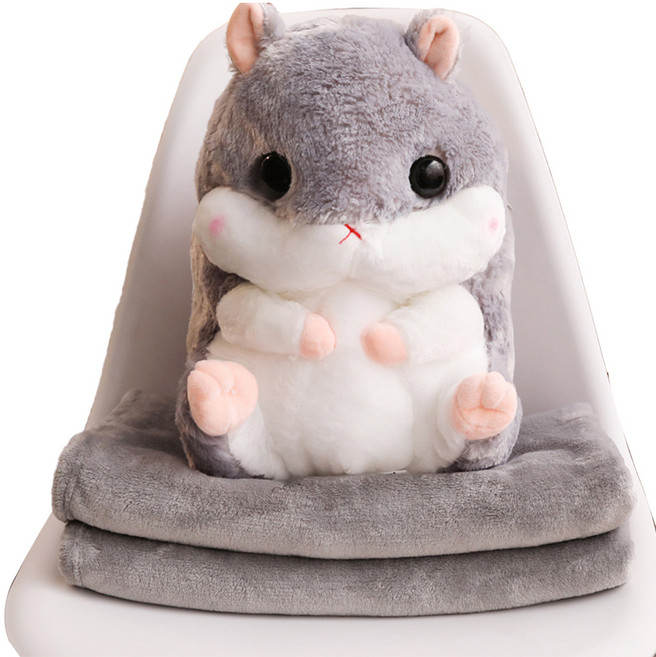 햄스터 쿠션 인형 + 무릎 담요 세트, 그레이, 1개, 40cm
