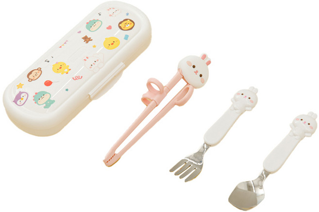 에디슨 프렌즈 아이맞춤 젓가락 4종 세트 흰토끼, Pink, 교정젓가락 + 숟가락 + 포크 + 수저통, 1세트