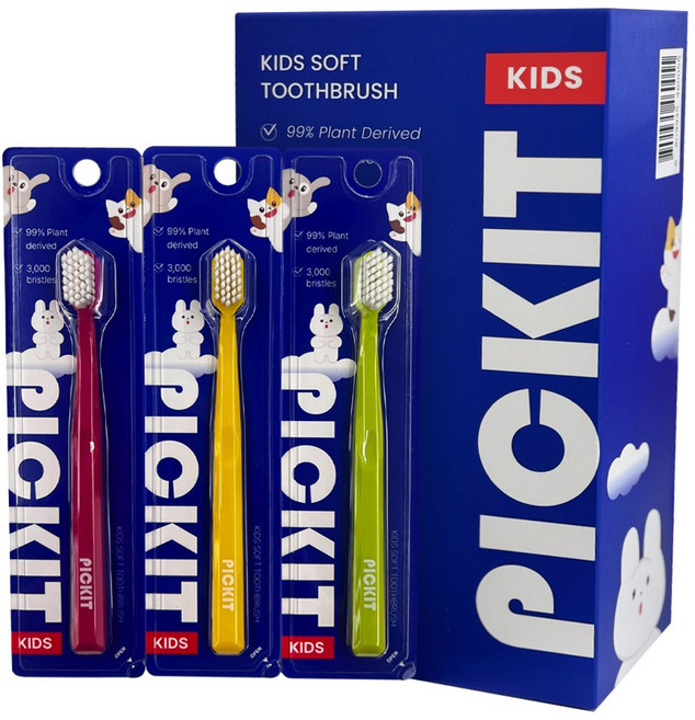 픽킷 저자극 어린이 칫솔 3종 x 3p 세트, 레드, 그린, 옐로우, 9개입, 1개