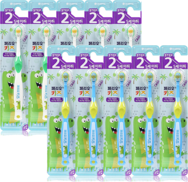 페리오 공룡 스텝2 5세 이하 어린이 칫솔 2종 x 5p, 흰색 + 파란색, 1세트