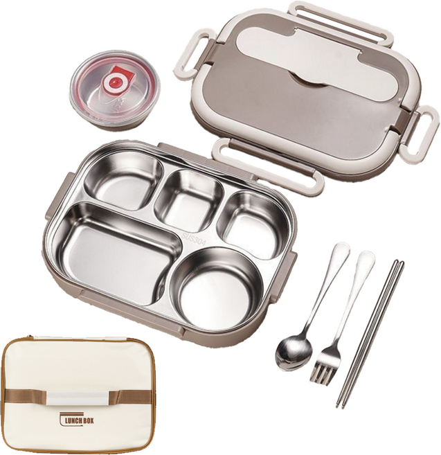 코코줄라이 5구 스텐 식판 도시락통 + 도시락가방 + 국그릇 + 식기 세트, 브라운, 1개