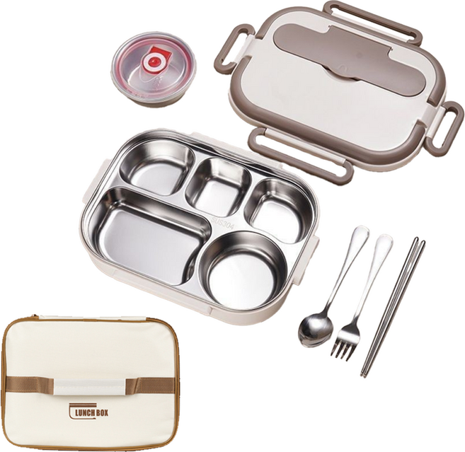 코코줄라이 5구 스텐 식판 도시락통 + 도시락가방 + 국그릇 + 식기 세트, 아이보리, 1세트