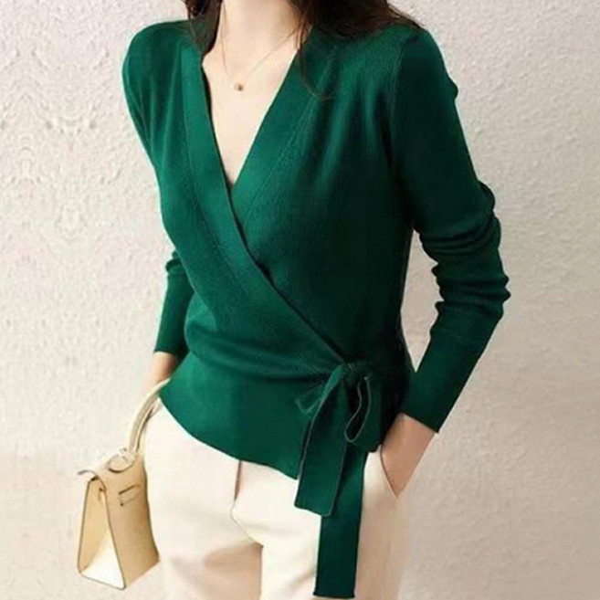 티뷰 여성용 브이넥 리본랩 골지니트 V4C-CKN004