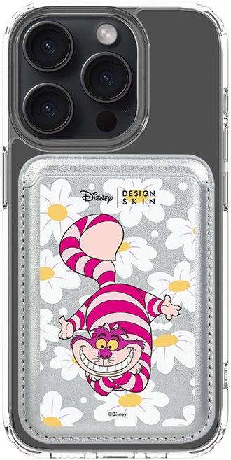 DESIGN SKIN 迪士尼黏貼式MagSafe皮革卡套, 1個, 銀色花朵柴郡貓