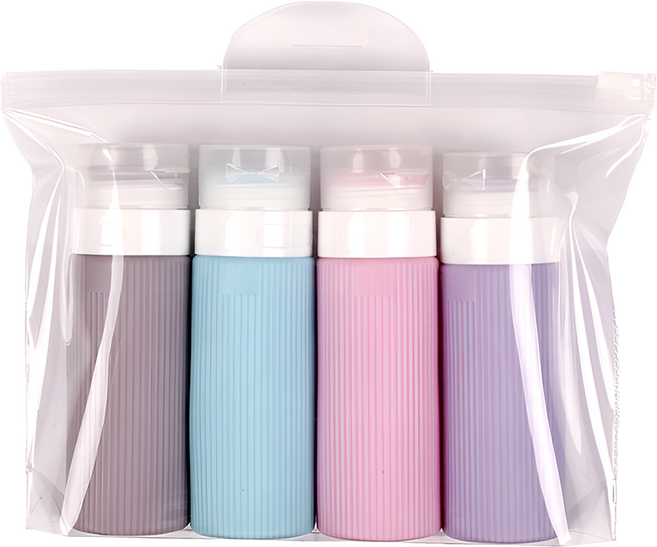 마움스 수영장 실리콘 여행용 공병 샴푸통 4개+파우치, 1세트, 보라, 핑크, 그레이, 민트(샴푸공병)