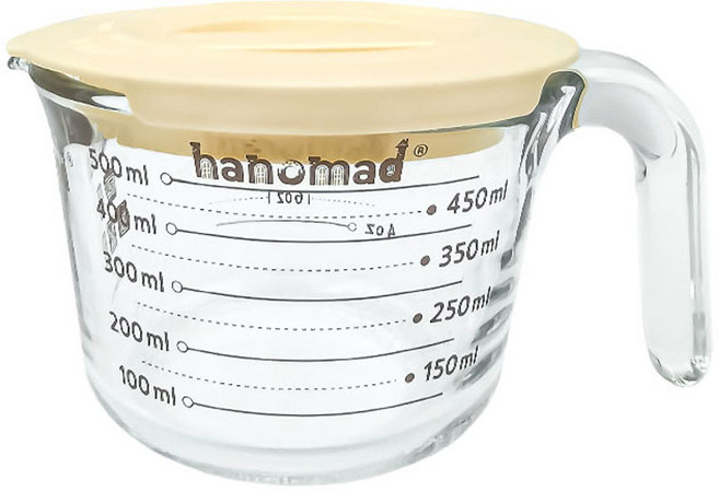 아노마드 내열유리 계량컵 + 뚜껑 세트, 투명컵 + 옐로우뚜껑, 500ml, 1개