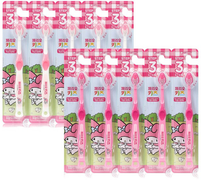 페리오 아동용 산리오 마이멜로디 3단계 6~9세 유아칫솔, 흰색 + 핑크색, 10개입, 1세트