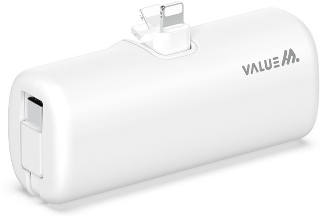 밸류엠 2 IN 1 케이블 일체형 접이식 도킹 보조배터리 D4 5000mAh 애플8핀 / C타입, 화이트, VM-B2DA5GPQ3L8P