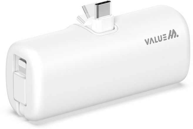 밸류엠 2in1 접이식 C타입 8핀 케이블 도킹 보조배터리 D4 5000mAh, 화이트, VM-B2DA5GPQ3LCP8