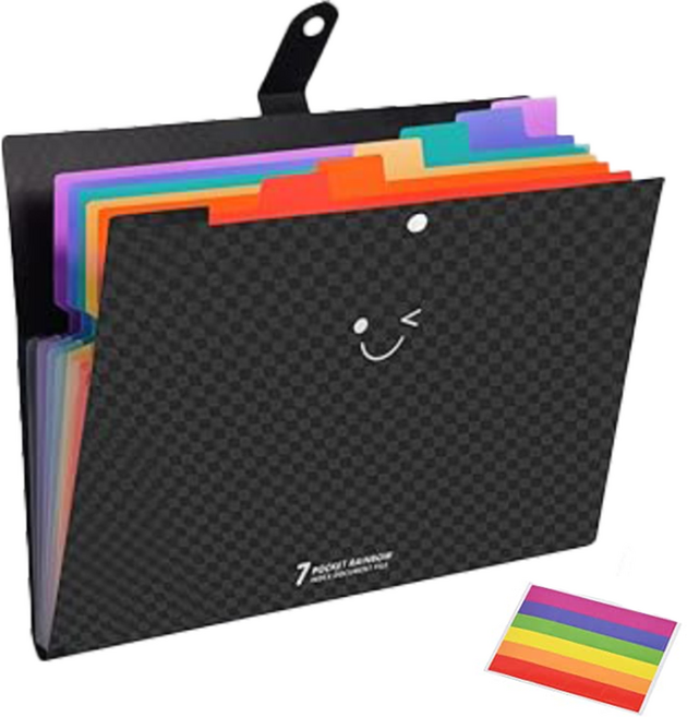 유니비 7포켓 레인보우 아코디언 휴대용 파일 + 라벨지, 블랙, 1개