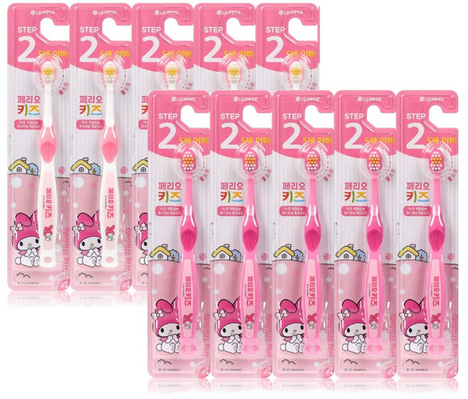 페리오 유아용 산리오 마이멜로디 2단계 5세 이하 칫솔, 흰색 + 핑크색, 10개, 1세트