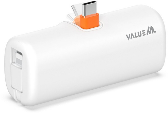 밸류엠 2IN1 접이식 PD 20W 고속충전 도킹 보조배터리 D4 5000mAh C타입 / 8핀 케이블, 화이트, VM-B2DA520W3LCP8