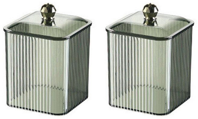 맙소샵 다이아 손잡이 스트라이프 투명 면봉 화장솜 보관함 HR047, 그린, 2개