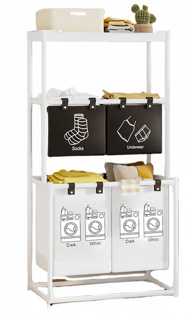 대용량 세탁물 바구니, 화이트 + 블랙(바구니), 화이트(틀), 3단