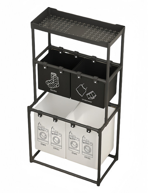 대용량 세탁물 바구니, 블랙 + 화이트(바구니), 블랙(틀), 3단