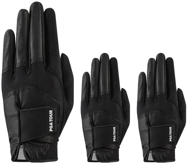 PGA투어 남성용 레인 그립 골프장갑 왼손착용, 블랙, 3개