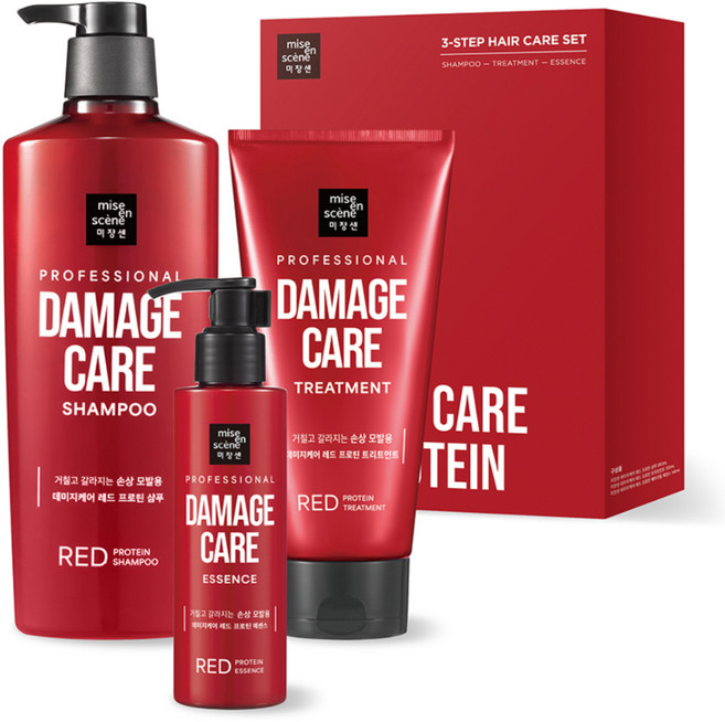 미쟝센 데미지케어 레드프로틴 헤어케어 샴푸 680ml + 트리트먼트 330ml + 헤어에센스 140ml 세트, 1세트