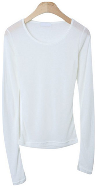 시크블랙 여성용 티리 시스루 무지 베이직 라운드 긴팔 티셔츠 cpt16162k4c