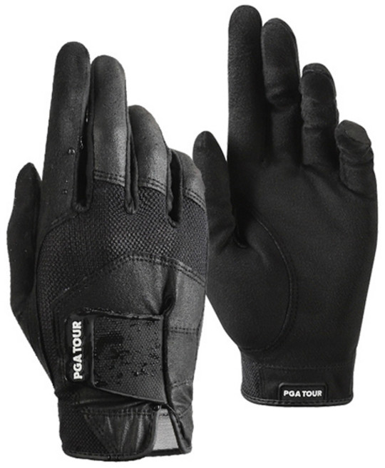 PGA투어 남성용 합피 레인 그립 글러브 골프장갑 양손용 세트, 블랙, 1세트
