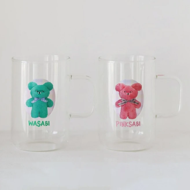와사비베어 클리어 핸들 내열 유리컵 500ml x 2종 세트, 와사비베어, 핑사비베어, 1세트 - 쿠팡