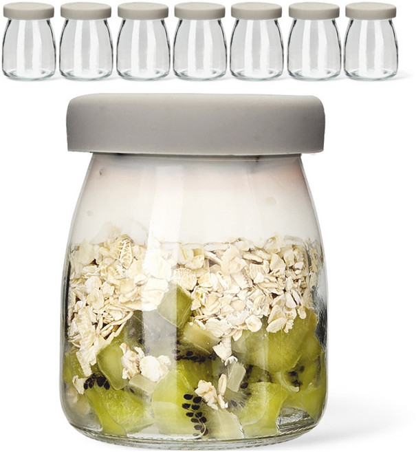 미르코리아 헥사 실리콘 뚜껑 요거트 우유 유리병 그레이, 200ml, 8개