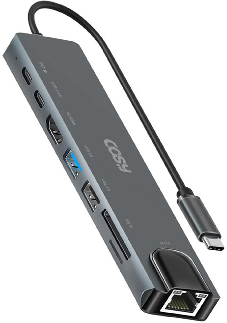 코시 8포트 C타입 이더넷 멀티 USB허브 PD / USB3.0 / USB A / C타입 USB2.0 / LAN / 4K HDMI / SD / TF, 그레이, 1개