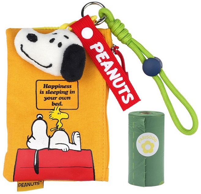 패리스독 피너츠 풉백 파우치 + 홀더 스트랩 + 키링 + 배변봉투 세트, 옐로우, 1세트