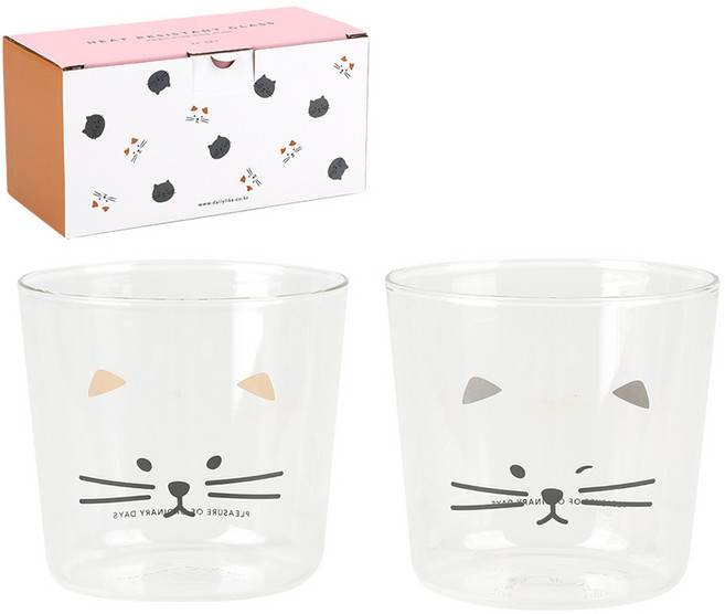 데일리라이크 프랜들리 캣 내열 유리컵 250ml, 혼합색상, 2개