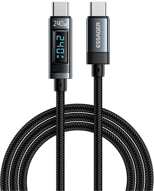 ESSAGER Type-C to Type-C 附顯示 PD 480Mbps 數據傳輸 超高速充電線 240W, 灰色, 1個, 1m