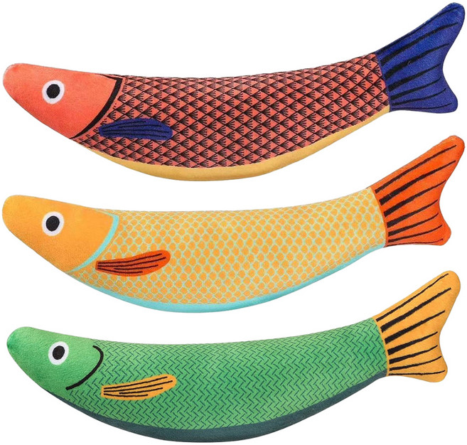 붐붐포 고양이 캣닢 소리나는 방울 애착 인형 물고기 장난감 3종 세트, 1세트, 레드 + 오렌지 + 그린