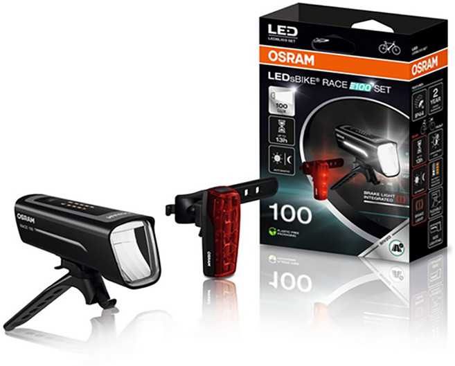 오스람 충전식 자전거 LED RACE 100 전조 후미등 세트, 1세트, 혼합색상