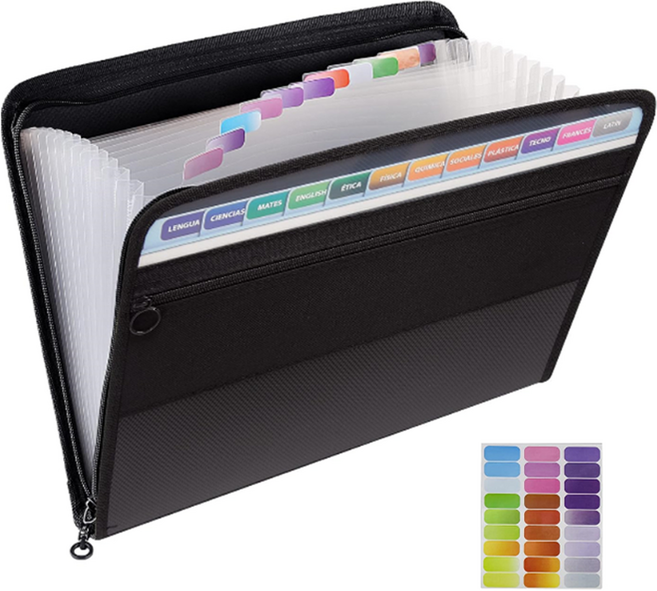 유니비 13포켓 휴대용 아코디언 파일 지퍼형 + 라벨지 세트, 블랙, 1세트