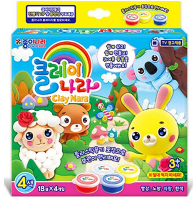 클레이나라 동물친구들 4종 세트, 빨강 + 노랑 + 파랑 + 흰색, 72g, 1개