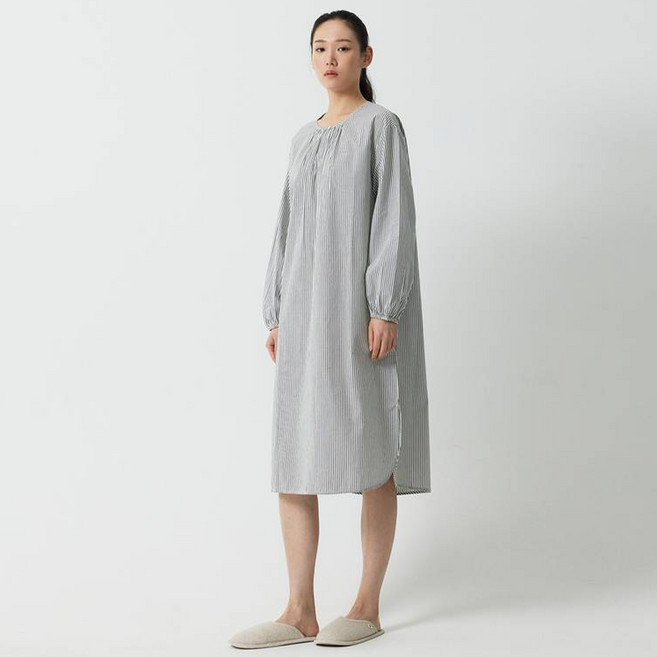 JAJU 여성용 통기성 60수 코튼 루즈핏 긴팔 파자마 원피스