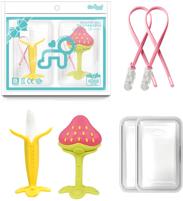 앙쥬 베스트 치발기 2종 세트, 바나나 치발기 + 3D딸기 치발기 + 스트랩(2P) + 케이스(2P), 혼합색상, 1세트