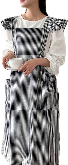 까사베르데 디브 프릴 포켓 에이프런 롱앞치마, 블랙 미니 체크, 1개